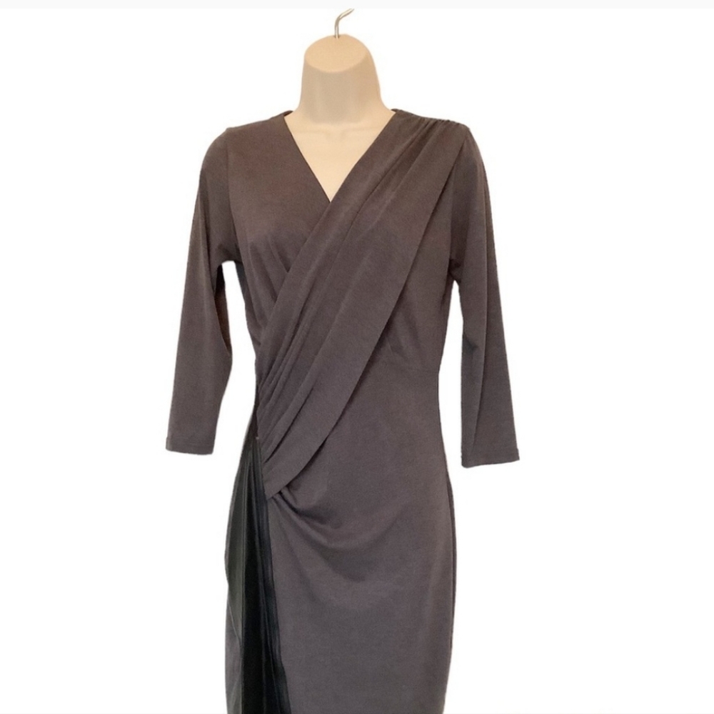 Gray wrap dress with faux leather zip detail
